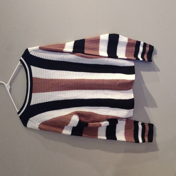 Shein women's large white black brown‎ vertical stripe v-neck sweater - Picture 3 of 4